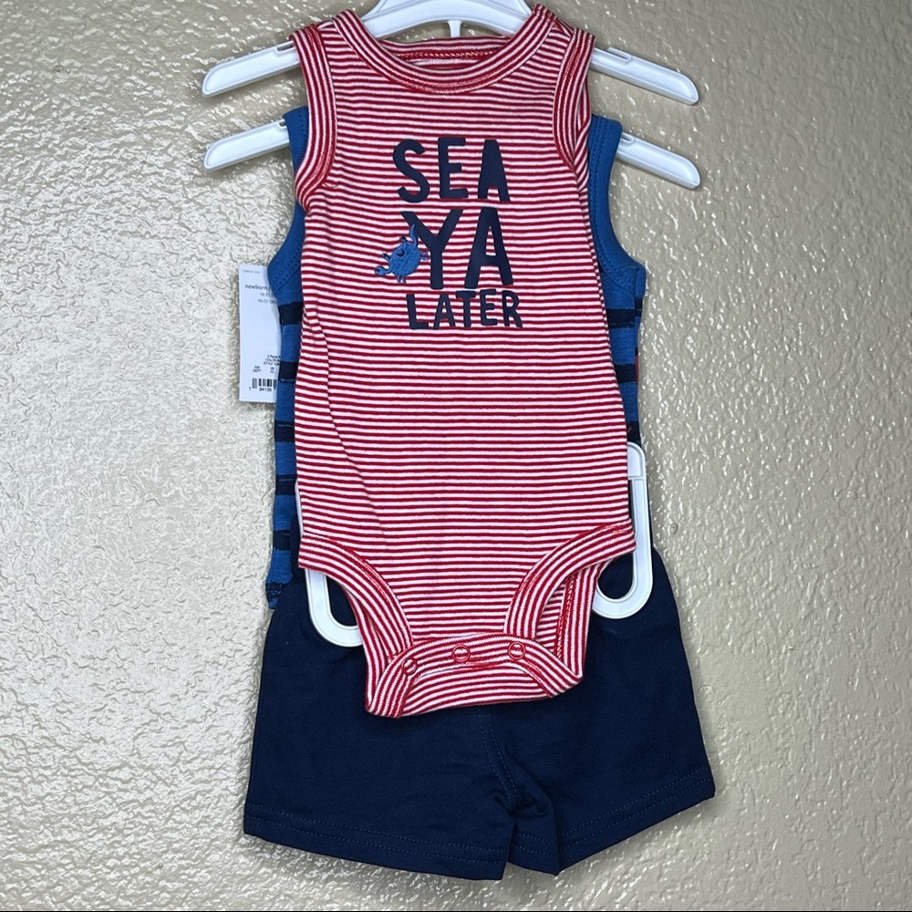 Carter's  Nautical Sea Ya Later Striped Onesie & Crab Shirt W/ Blue shorts NB